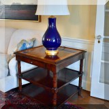 F02. Pair of mahogany and burlwood end tables. 28”h x 27”w x 27”d 